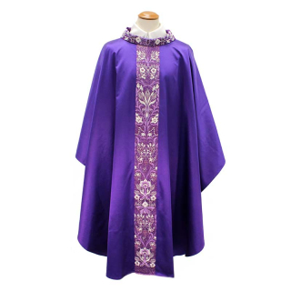 Casula viola in lana e seta con stolone collo ricamato Gamma