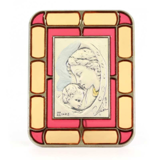Quadretto vetrata Madonna con Bambino argento rettangolare 8x10 cm