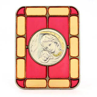 Quadretto vetrata Madonna con Bambino argento circolare 8x10 cm